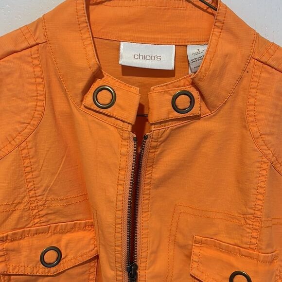 Chico's Bright Orange Utility Jacket Zip front with pockets - Picture 2 of 6